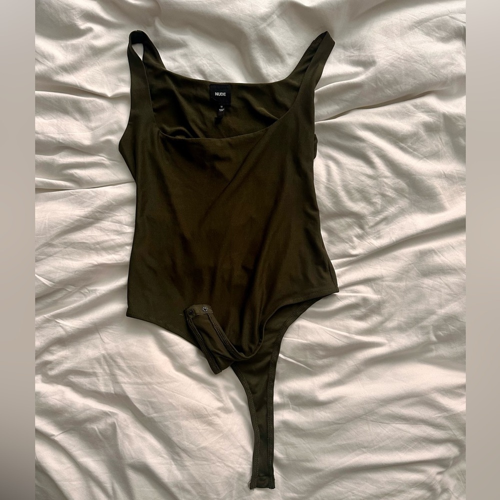 Square neck olive green skin-tight bodysuit by NUDE